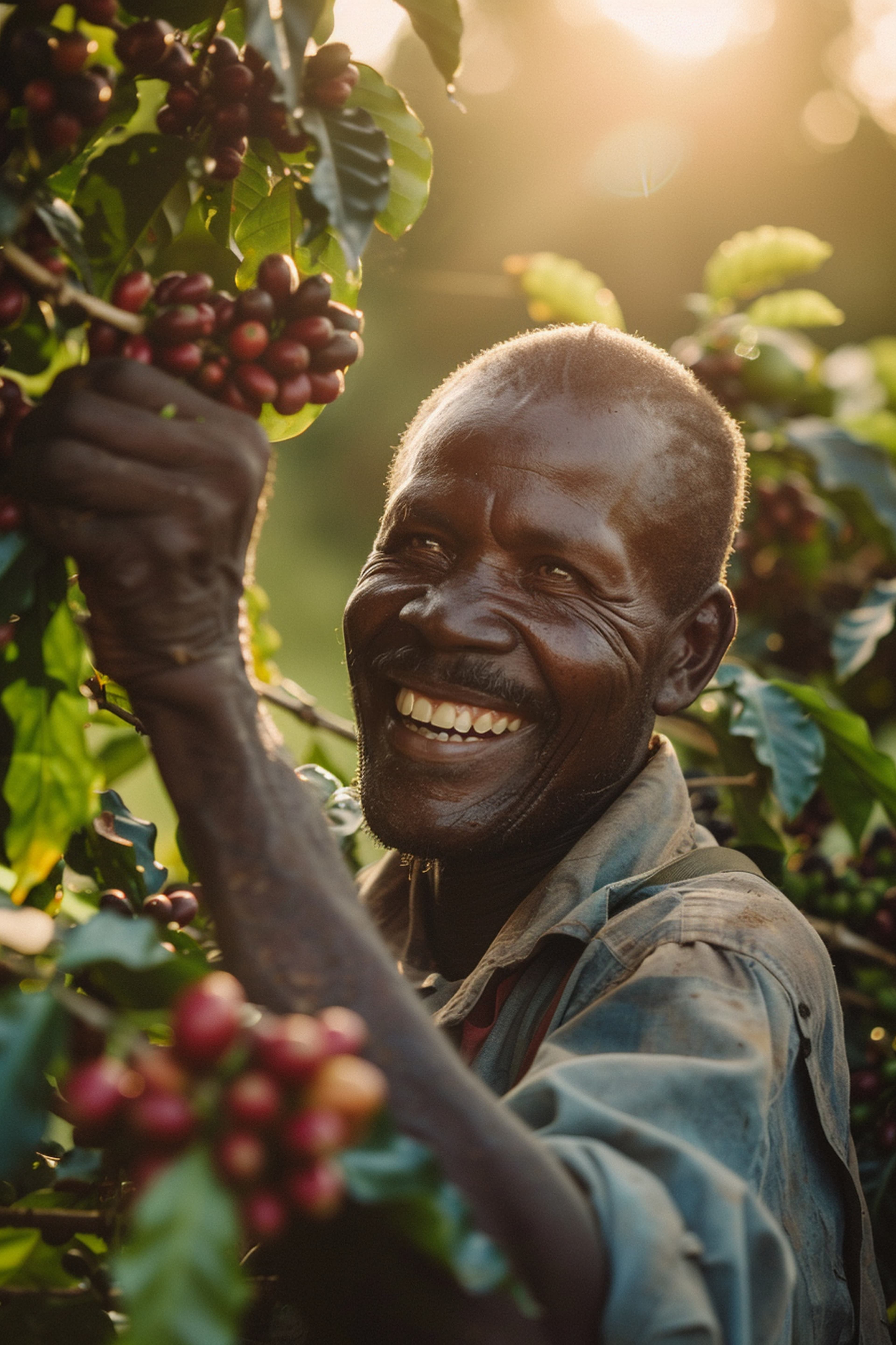 A farmer harvesting coffee cherries in the field in Uganda